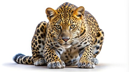 african leopard crouched and stalking prey ready to pounce isolated on white background