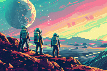 Wall Mural - three astronauts are walking on a rocky surface on a planet, generative ai image.,