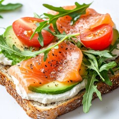 Canvas Print - Delicious open-faced sandwich with salmon, fresh tomatoes, and arugula. A healthy choice for lunch or breakfast. Perfect for food lovers and culinary enthusiasts. AI