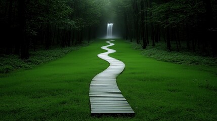 Wall Mural - path through a forest with a waterfall in the distance. the path is narrow and winding, and the gras