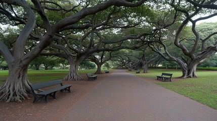 Wall Mural - path with benches and trees in a park. the benches are empty. the trees are tall and leafy. the path