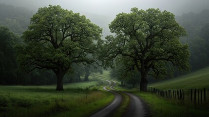 Wall Mural - two trees are on a road in a forest. the trees are green and the road is wet