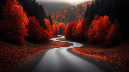 Wall Mural - winding road with trees on both sides. the road is wet and the leaves are red