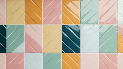 Poster - Colorful tile wall with a variety of colors and shapes. The tiles are arranged in a way that creates a visually appealing pattern. Scene is cheerful and vibrant, as the colors