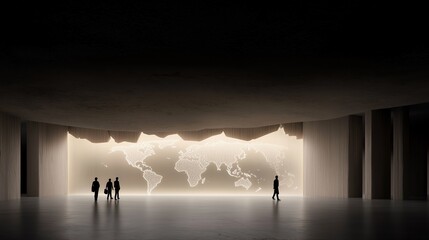Aufkleber - Group of people are walking through a large, empty room with a large map of the world on the wall