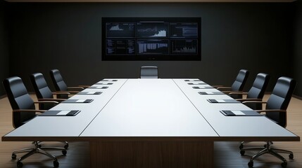 Aufkleber - Large conference table with a black chair at the head of the table. The table is surrounded by black chairs