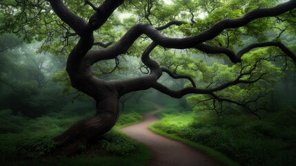Wall Mural - large tree with a path leading to it. the path is surrounded by green grass and the tree is in a for