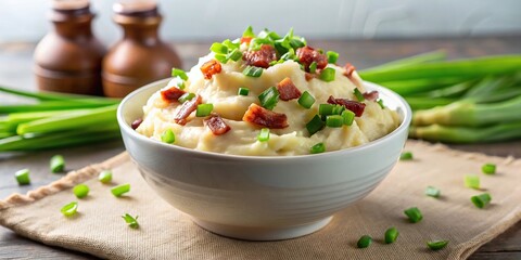 Mashed potatoes with bacon and green onion in a bowl