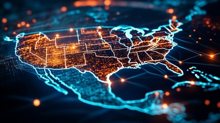 Poster - US digital map, concept of North America global network and connectivity, data transfer, cyber technology, and information exchange