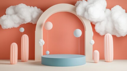 Poster - An abstract stage pastel scene with cloud background, podium stand light background, studio dreamy pedestal backdrop smoke geometric backdrop.