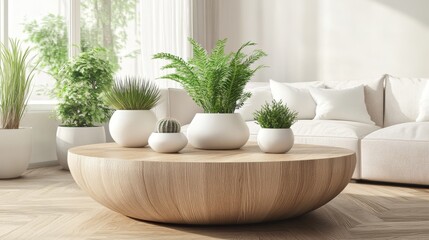 Wall Mural - White sofa against round wooden coffee table. Scandinavian home interior design.