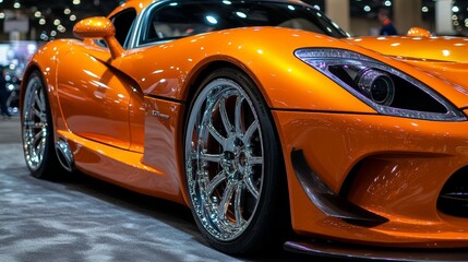 The intricately designed wheels of an orange sports car on display at an auto show show off polished chrome and sleek tires.