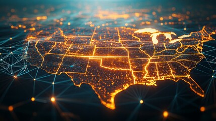 Poster - A digital map of the United States, a concept of North America's global network and connectivity, and an analysis of data transfer and cyber technology to enhance the exchange of information and
