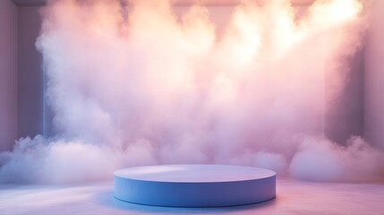 Poster - Stunning abstract stage pastel scene with a cloud background podium, blue 3D product and white display platform. Podium stand light bright geometric background cloud studio background.