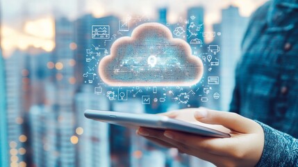 Poster - A technical support customer service concept, cloud computing, and an engineering team using tablets, internet networks, IT support, and data science.
