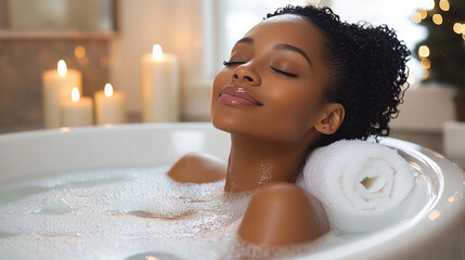 A young woman enjoys a calming bath surrounded by softly glowing candles, a fluffy towel, and relaxing bubbles for a tranquil evening