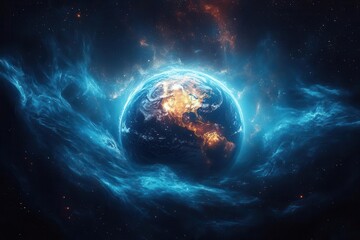 planet earth illuminated by swirling energy waves and beams of light against a dark space background depicting the beauty and mystery of the universe
