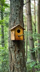 Birdhouse securely mounted to a tree in a UK conservation zone for nesting birds