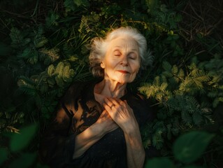 Wall Mural - A woman lays peacefully in the grass, surrounded by green leaves. AI.