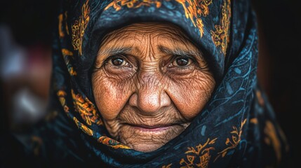 a closeup portrait of an elderly woman wearing hijab