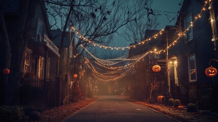 scary and dark street with spider web. halloween decoration