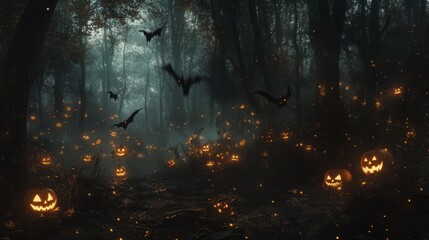 Wall Mural - scary and spooky halloween background with pumpkins and bats