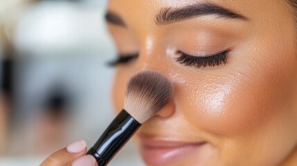 A woman gently applies makeup to her nose using a soft brush, focusing on enhancing her natural beauty. Highlights skincare, confidence, and elegance.