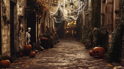 Wall Mural - halloween background with spider web. street with halloween decoration