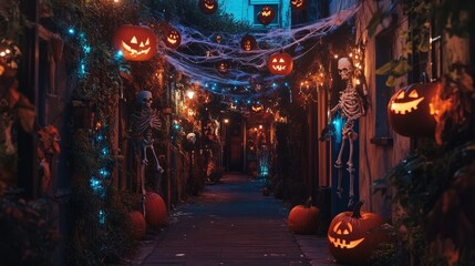 Wall Mural - halloween background with spider web. street with halloween decoration