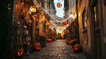 Wall Mural - halloween background with spider web. street with halloween decoration