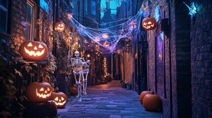 Wall Mural - halloween background with spider web. street with halloween decoration