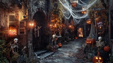 Wall Mural - halloween background with spider web. street with halloween decoration