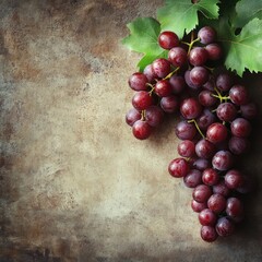 A bunch of red grapes with green leaves on a rustic background, leaving space for text.