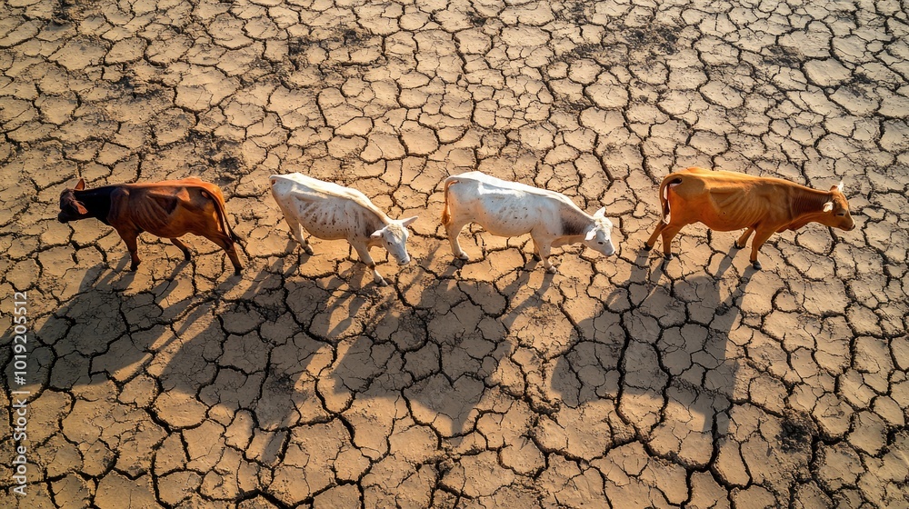 Cows walk on cracked earth. This photo represents the effects of ...