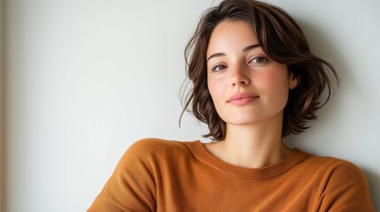 a woman wearing a brown sweater leans comfortably against a bright wall, her relaxed posture and sof