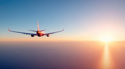 A commercial airplane gently glides over the vast ocean, illuminated by the warm hues of a sunrise, symbolizing the serenity and freedom of air travel.