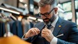 © LifeMedia - A bearded man in an elegant suit adjusting his tie inside a sophisticated clothing store, giving off a sense of style, confidence, and professionalism.