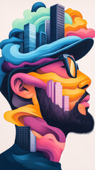 Wall Mural - A vibrant digital illustration of a man's head, with a cityscape growing out of it, surrounded by swirls of color.