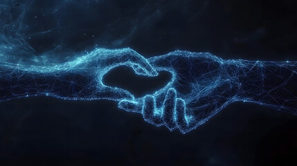 Two hands holding each other, against a digital technology background design, in a low-polygon style design, with a blue light effect on a dark black background design