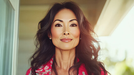 Wall Mural - Smiling woman with long dark hair wearing floral shirt.