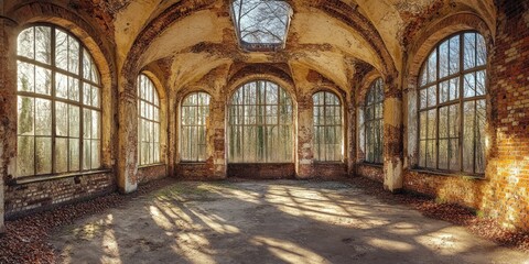 Sunbeams illuminate the dusty floor of an abandoned, arched room with large windows.