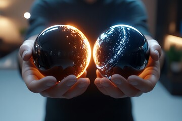 Aufkleber - 3D-rendered image of a person holding a light and a dark orb in their hands, symbolizing the contrast between opposing forces in dualism