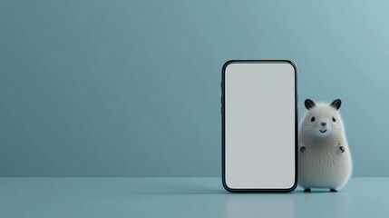 The mammal stands next to a cell phone with a white screen to convey a message and can be used for product mockups and advertising.