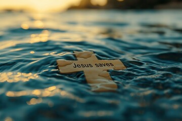 A note with the message \'Jesus saves\' floats on tranquil water during sunset, symbolizing faith and hope in a serene natural setting