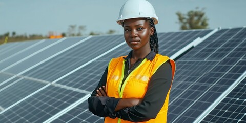 Solar power concept with African lady wearing safety helmet and vest. Solar panel installation banner background. High quality photo.