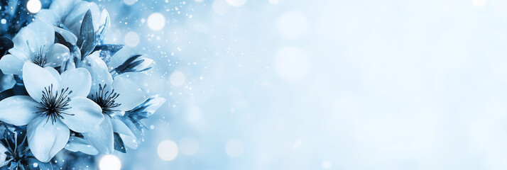 Delicate white flowers bloom against a soft blue bokeh background.
