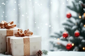 Wall Mural - Empty of Christmas Blurred on Background. Blank Christmas. Gifts. Christmas Trees. Product Mockup. Copy space.