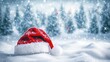 © Ket - Red santa hat on snowy ground with forest background, snowflakes falling, celebrating happy st. nicholas day ai