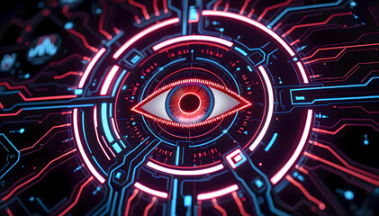 A futuristic electronic eye encased in a glowing HUD circle, surrounded by a web of digital circuits and information lines, radiating cutting-edge technology in a high-tech digital environment