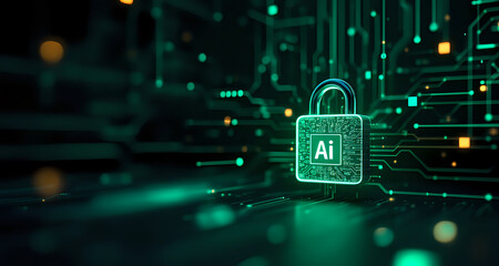 digital ai padlock locked for computing system on dark green background, cyber security technology f